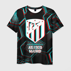 Мужская футболка 3D с принтом Atletico Madrid FC в стиле glitch на темном фоне в Тюмени, 100% полиэфир | прямой крой, круглый вырез горловины, длина до линии бедер | 