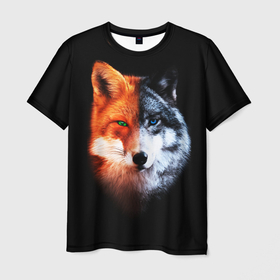 Мужская футболка 3D с принтом Волк и Лисица в Курске, 100% полиэфир | прямой крой, круглый вырез горловины, длина до линии бедер | 