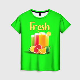 Женская футболка 3D с принтом Фруктовые соки Fresh в Петрозаводске, 100% полиэфир ( синтетическое хлопкоподобное полотно) | прямой крой, круглый вырез горловины, длина до линии бедер | 