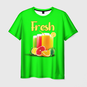 Мужская футболка 3D с принтом Фруктовые соки Fresh в Новосибирске, 100% полиэфир | прямой крой, круглый вырез горловины, длина до линии бедер | Тематика изображения на принте: 