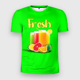 Мужская футболка 3D Slim с принтом Фруктовые соки Fresh в Новосибирске, 100% полиэстер с улучшенными характеристиками | приталенный силуэт, круглая горловина, широкие плечи, сужается к линии бедра | Тематика изображения на принте: 