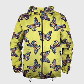 Мужская ветровка 3D с принтом Бабочки на лимонном паттерн в Тюмени, 100% полиэстер | подол и капюшон оформлены резинкой с фиксаторами, два кармана без застежек по бокам, один потайной карман на груди | 