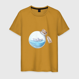 Мужская футболка хлопок с принтом Лето в бутылке   море в Белгороде, 100% хлопок | прямой крой, круглый вырез горловины, длина до линии бедер, слегка спущенное плечо. | 