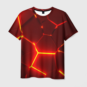 Мужская футболка 3D с принтом Красные неоновые геометрические плиты , 100% полиэфир | прямой крой, круглый вырез горловины, длина до линии бедер | 