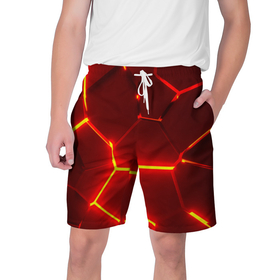 Мужские шорты 3D с принтом Красные неоновые геометрические плиты в Екатеринбурге,  полиэстер 100% | прямой крой, два кармана без застежек по бокам. Мягкая трикотажная резинка на поясе, внутри которой широкие завязки. Длина чуть выше колен | 
