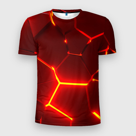 Мужская футболка 3D Slim с принтом Красные неоновые геометрические плиты в Петрозаводске, 100% полиэстер с улучшенными характеристиками | приталенный силуэт, круглая горловина, широкие плечи, сужается к линии бедра | Тематика изображения на принте: 