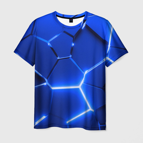 Мужская футболка 3D с принтом Синие неоновые геометрические плиты в Екатеринбурге, 100% полиэфир | прямой крой, круглый вырез горловины, длина до линии бедер | Тематика изображения на принте: 
