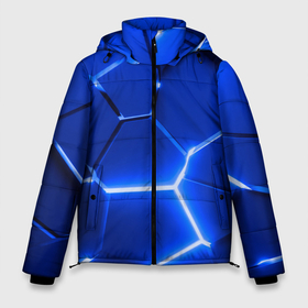 Мужская зимняя куртка 3D с принтом Синие неоновые геометрические плиты в Екатеринбурге, верх — 100% полиэстер; подкладка — 100% полиэстер; утеплитель — 100% полиэстер | длина ниже бедра, свободный силуэт Оверсайз. Есть воротник-стойка, отстегивающийся капюшон и ветрозащитная планка. 

Боковые карманы с листочкой на кнопках и внутренний карман на молнии. | Тематика изображения на принте: 