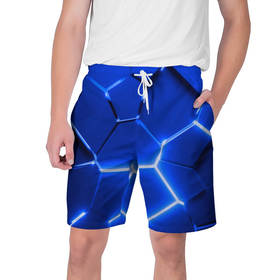 Мужские шорты 3D с принтом Синие неоновые геометрические плиты в Екатеринбурге,  полиэстер 100% | прямой крой, два кармана без застежек по бокам. Мягкая трикотажная резинка на поясе, внутри которой широкие завязки. Длина чуть выше колен | 