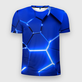 Мужская футболка 3D Slim с принтом Синие неоновые геометрические плиты в Курске, 100% полиэстер с улучшенными характеристиками | приталенный силуэт, круглая горловина, широкие плечи, сужается к линии бедра | 