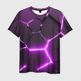 Мужская футболка 3D с принтом Фиолетовые неоновые геометрические плиты в Новосибирске, 100% полиэфир | прямой крой, круглый вырез горловины, длина до линии бедер | 