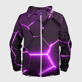 Мужская ветровка 3D с принтом Фиолетовые неоновые геометрические плиты в Кировске, 100% полиэстер | подол и капюшон оформлены резинкой с фиксаторами, два кармана без застежек по бокам, один потайной карман на груди | 