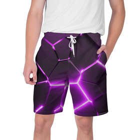 Мужские шорты 3D с принтом Фиолетовые неоновые геометрические плиты в Екатеринбурге,  полиэстер 100% | прямой крой, два кармана без застежек по бокам. Мягкая трикотажная резинка на поясе, внутри которой широкие завязки. Длина чуть выше колен | 
