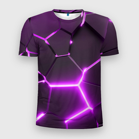 Мужская футболка 3D Slim с принтом Фиолетовые неоновые геометрические плиты в Екатеринбурге, 100% полиэстер с улучшенными характеристиками | приталенный силуэт, круглая горловина, широкие плечи, сужается к линии бедра | Тематика изображения на принте: 