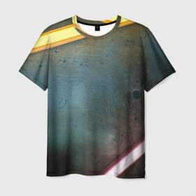Мужская футболка 3D с принтом Абстрактная тёмная поверхность и неоновые фонари в Санкт-Петербурге, 100% полиэфир | прямой крой, круглый вырез горловины, длина до линии бедер | 