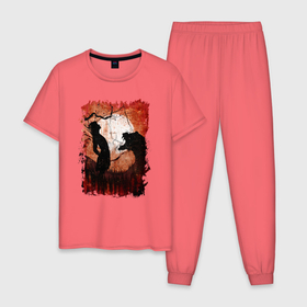 Мужская пижама хлопок с принтом Девочка против медведя в Тюмени, 100% хлопок | брюки и футболка прямого кроя, без карманов, на брюках мягкая резинка на поясе и по низу штанин
 | 
