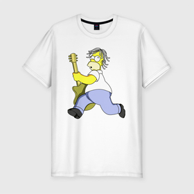 Мужская футболка хлопок Slim с принтом Гомер Симпсон   крутой рок гитарист в Екатеринбурге, 92% хлопок, 8% лайкра | приталенный силуэт, круглый вырез ворота, длина до линии бедра, короткий рукав | 
