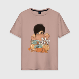 Женская футболка хлопок Oversize с принтом Девушка с осенними цветами и тыквой , 100% хлопок | свободный крой, круглый ворот, спущенный рукав, длина до линии бедер
 | 