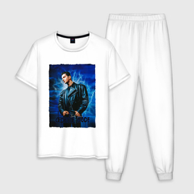 Мужская пижама хлопок с принтом Dave Gahan Depeche Mode   blue background в Екатеринбурге, 100% хлопок | брюки и футболка прямого кроя, без карманов, на брюках мягкая резинка на поясе и по низу штанин
 | 