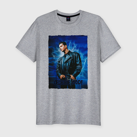 Мужская футболка хлопок Slim с принтом Dave Gahan Depeche Mode   blue background в Екатеринбурге, 92% хлопок, 8% лайкра | приталенный силуэт, круглый вырез ворота, длина до линии бедра, короткий рукав | 