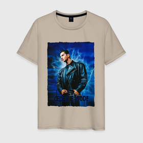 Мужская футболка хлопок с принтом Dave Gahan Depeche Mode   blue background в Петрозаводске, 100% хлопок | прямой крой, круглый вырез горловины, длина до линии бедер, слегка спущенное плечо. | 