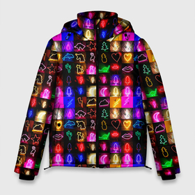 Мужская зимняя куртка 3D с принтом Neon glowing objects в Курске, верх — 100% полиэстер; подкладка — 100% полиэстер; утеплитель — 100% полиэстер | длина ниже бедра, свободный силуэт Оверсайз. Есть воротник-стойка, отстегивающийся капюшон и ветрозащитная планка. 

Боковые карманы с листочкой на кнопках и внутренний карман на молнии. | 