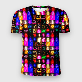 Мужская футболка 3D Slim с принтом Neon glowing objects в Петрозаводске, 100% полиэстер с улучшенными характеристиками | приталенный силуэт, круглая горловина, широкие плечи, сужается к линии бедра | 