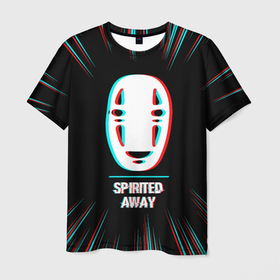 Мужская футболка 3D с принтом Символ Spirited Away в стиле glitch на темном фоне в Новосибирске, 100% полиэфир | прямой крой, круглый вырез горловины, длина до линии бедер | Тематика изображения на принте: 