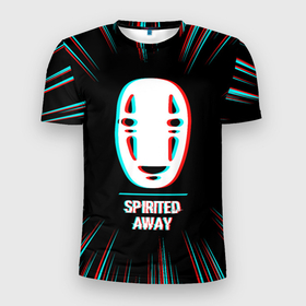 Мужская футболка 3D Slim с принтом Символ Spirited Away в стиле glitch на темном фоне в Новосибирске, 100% полиэстер с улучшенными характеристиками | приталенный силуэт, круглая горловина, широкие плечи, сужается к линии бедра | 