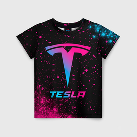 Детская футболка 3D с принтом Tesla   neon gradient в Белгороде, 100% гипоаллергенный полиэфир | прямой крой, круглый вырез горловины, длина до линии бедер, чуть спущенное плечо, ткань немного тянется | Тематика изображения на принте: 