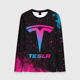 Мужской лонгслив 3D с принтом Tesla   neon gradient , 100% полиэстер | длинные рукава, круглый вырез горловины, полуприлегающий силуэт | 