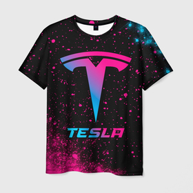 Мужская футболка 3D с принтом Tesla   neon gradient в Петрозаводске, 100% полиэфир | прямой крой, круглый вырез горловины, длина до линии бедер | 