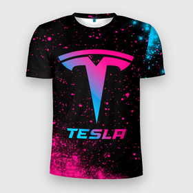 Мужская футболка 3D Slim с принтом Tesla   neon gradient в Петрозаводске, 100% полиэстер с улучшенными характеристиками | приталенный силуэт, круглая горловина, широкие плечи, сужается к линии бедра | 