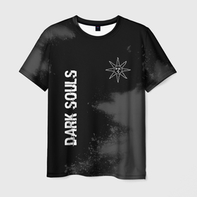 Мужская футболка 3D с принтом Dark Souls glitch на темном фоне: символ и надпись вертикально в Курске, 100% полиэфир | прямой крой, круглый вырез горловины, длина до линии бедер | 