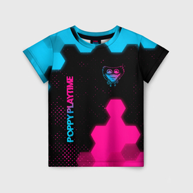 Детская футболка 3D с принтом Poppy Playtime   neon gradient: символ и надпись вертикально , 100% гипоаллергенный полиэфир | прямой крой, круглый вырез горловины, длина до линии бедер, чуть спущенное плечо, ткань немного тянется | 