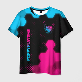 Мужская футболка 3D с принтом Poppy Playtime   neon gradient: символ и надпись вертикально в Белгороде, 100% полиэфир | прямой крой, круглый вырез горловины, длина до линии бедер | 
