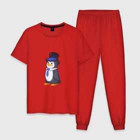 Мужская пижама хлопок с принтом Пингвин в цилиндре , 100% хлопок | брюки и футболка прямого кроя, без карманов, на брюках мягкая резинка на поясе и по низу штанин
 | 