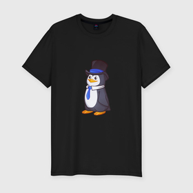 Мужская футболка хлопок Slim с принтом Пингвин в цилиндре в Кировске, 92% хлопок, 8% лайкра | приталенный силуэт, круглый вырез ворота, длина до линии бедра, короткий рукав | 