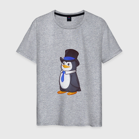Мужская футболка хлопок с принтом Пингвин в цилиндре в Петрозаводске, 100% хлопок | прямой крой, круглый вырез горловины, длина до линии бедер, слегка спущенное плечо. | Тематика изображения на принте: 