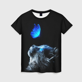 Женская футболка 3D с принтом Котенок и бабочка неон в Кировске, 100% полиэфир ( синтетическое хлопкоподобное полотно) | прямой крой, круглый вырез горловины, длина до линии бедер | 