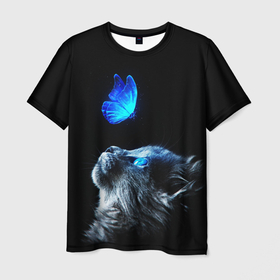Мужская футболка 3D с принтом Котенок и бабочка неон в Белгороде, 100% полиэфир | прямой крой, круглый вырез горловины, длина до линии бедер | Тематика изображения на принте: 