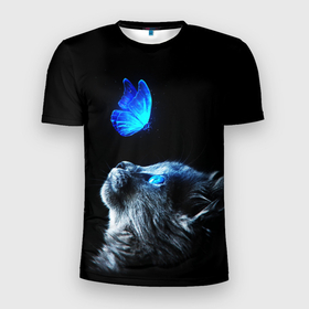 Мужская футболка 3D Slim с принтом Котенок и бабочка неон в Санкт-Петербурге, 100% полиэстер с улучшенными характеристиками | приталенный силуэт, круглая горловина, широкие плечи, сужается к линии бедра | 