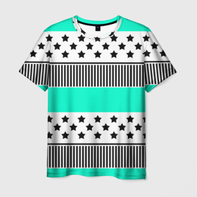 Мужская футболка 3D с принтом Комбинированный полосатый черно голубой узор в Тюмени, 100% полиэфир | прямой крой, круглый вырез горловины, длина до линии бедер | 