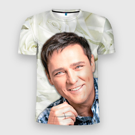 Мужская футболка 3D Slim с принтом Юрий Шатунов на фоне белых роз в Белгороде, 100% полиэстер с улучшенными характеристиками | приталенный силуэт, круглая горловина, широкие плечи, сужается к линии бедра | Тематика изображения на принте: 