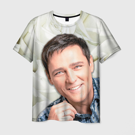 Мужская футболка 3D с принтом Юрий Шатунов на фоне белых роз , 100% полиэфир | прямой крой, круглый вырез горловины, длина до линии бедер | Тематика изображения на принте: 