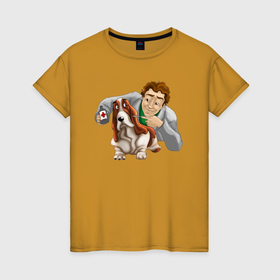 Женская футболка хлопок с принтом Ветеринар лечит собачку бассет хаунда в Екатеринбурге, 100% хлопок | прямой крой, круглый вырез горловины, длина до линии бедер, слегка спущенное плечо | 