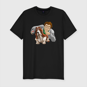 Мужская футболка хлопок Slim с принтом Ветеринар лечит собачку бассет хаунда в Тюмени, 92% хлопок, 8% лайкра | приталенный силуэт, круглый вырез ворота, длина до линии бедра, короткий рукав | 