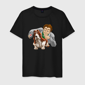Мужская футболка хлопок с принтом Ветеринар лечит собачку бассет хаунда в Екатеринбурге, 100% хлопок | прямой крой, круглый вырез горловины, длина до линии бедер, слегка спущенное плечо. | 