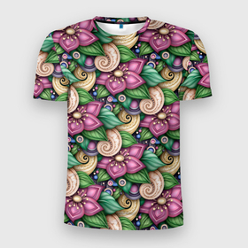 Мужская футболка 3D Slim с принтом Объемные цветы и листья в Кировске, 100% полиэстер с улучшенными характеристиками | приталенный силуэт, круглая горловина, широкие плечи, сужается к линии бедра | 