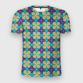Мужская футболка 3D Slim с принтом Калейдоскоп   желтые узоры в Кировске, 100% полиэстер с улучшенными характеристиками | приталенный силуэт, круглая горловина, широкие плечи, сужается к линии бедра | 